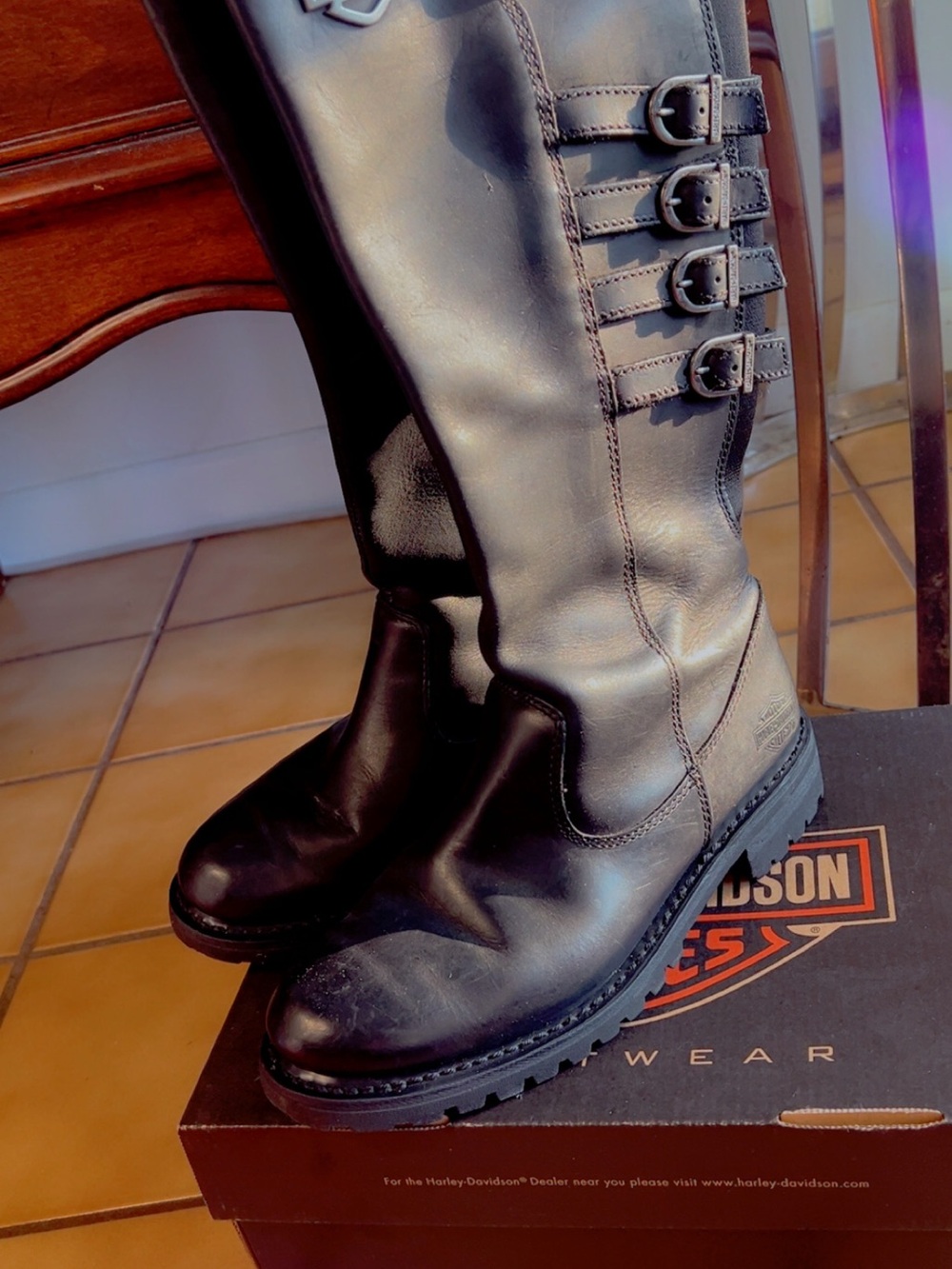 Harley-Davidson Black Leather Tall Riding Boots with Buckle Straps